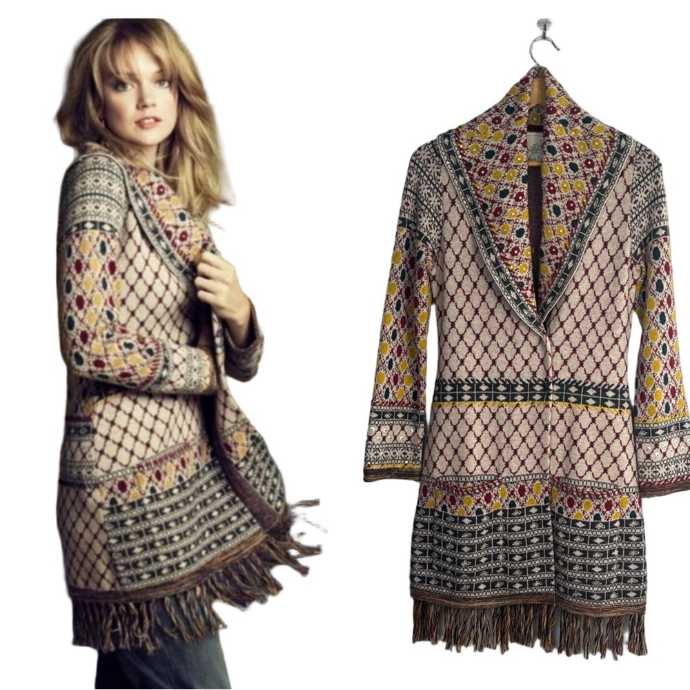 Anthropologie Angel of the North Satpura Sweater Coat Small Wool Beaded Bohemian - Picture 3 of 16